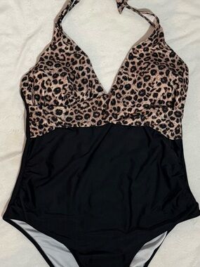 Leopard Halter One-Piece Swim Suit - Black and Leopard Print